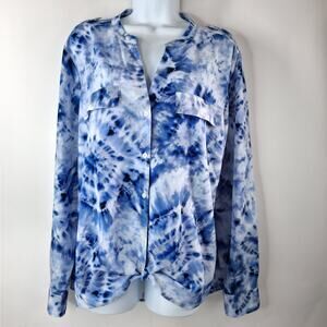 Calvin Klein Button Down Top Women's XL Blue White Tie Dye Long or 3/4 Sleeve‎